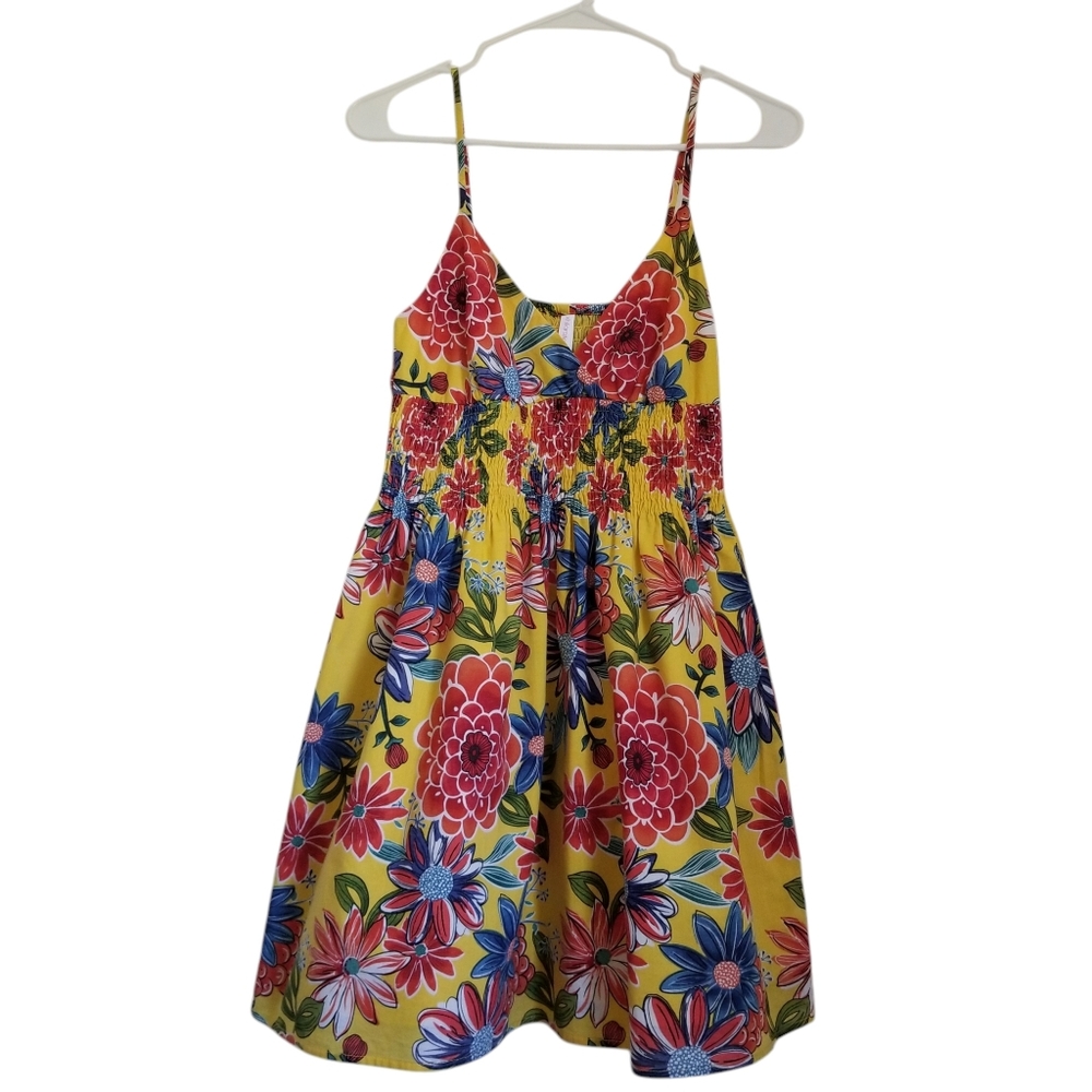 Xhilaration floral Spaghetti Strap Babydoll Yellow Lined Mini Sundress Size Smal